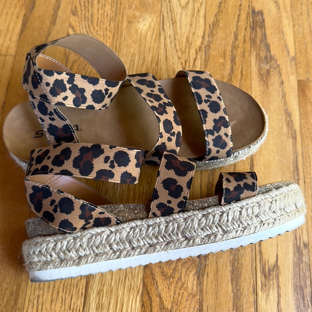 Leopard print platform espadrille sandals
